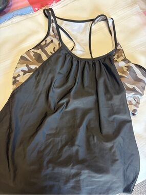 SHEIN Black Swim Tank with Tan Camo Side Panels